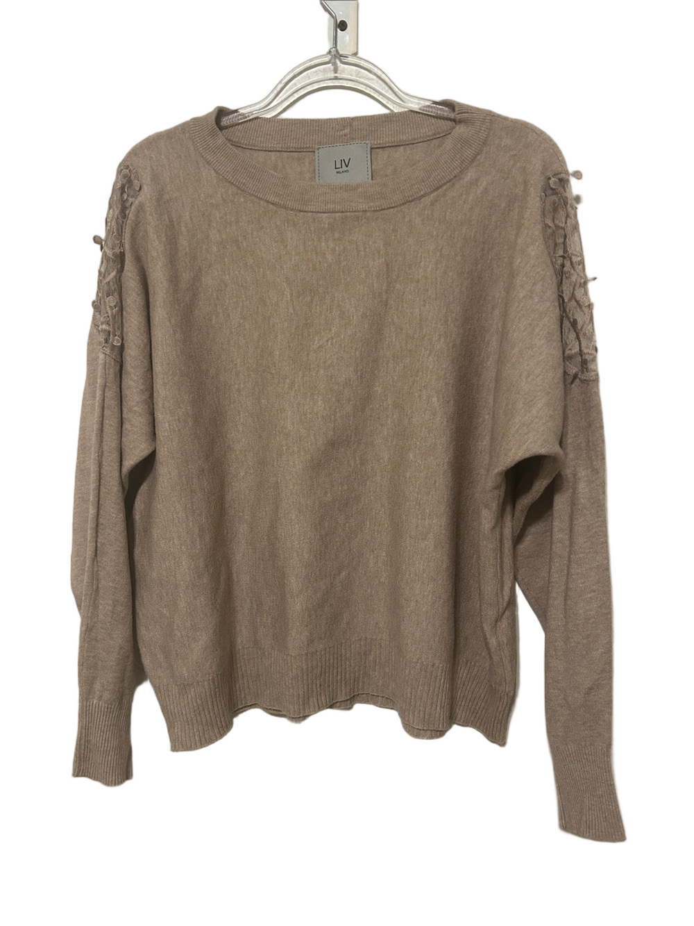 🎩LIV Milano Brown /Tan Knit Sweater with Lace-Up Shoulder Detail size XL GUC